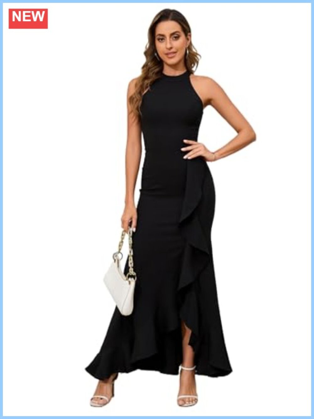Formal Halter Neck Mermaid Gown Split Wrap Ruffle Cocktail Wedding Guest Dress